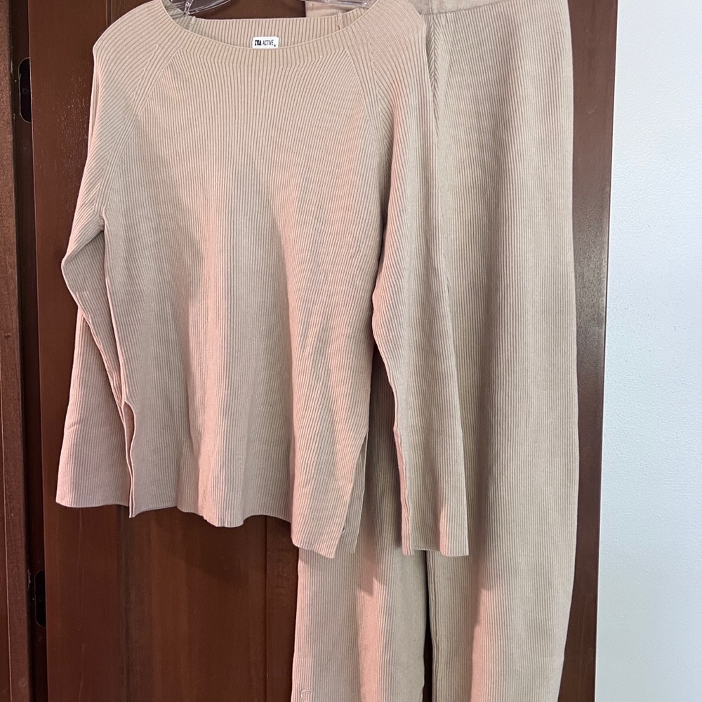 ZYIA Ecru Ribbed Knit Sweater and Palazzo Pants.